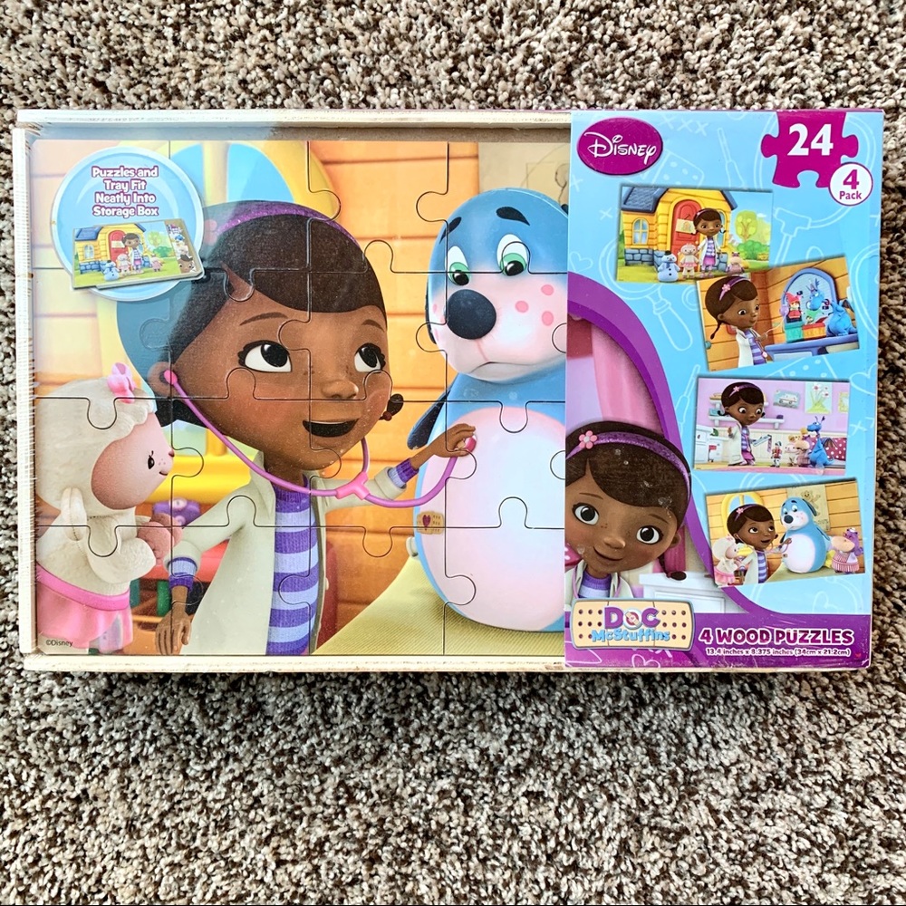 Disney Doc McStuffins 4 Puzzles in Wood Box NEW!